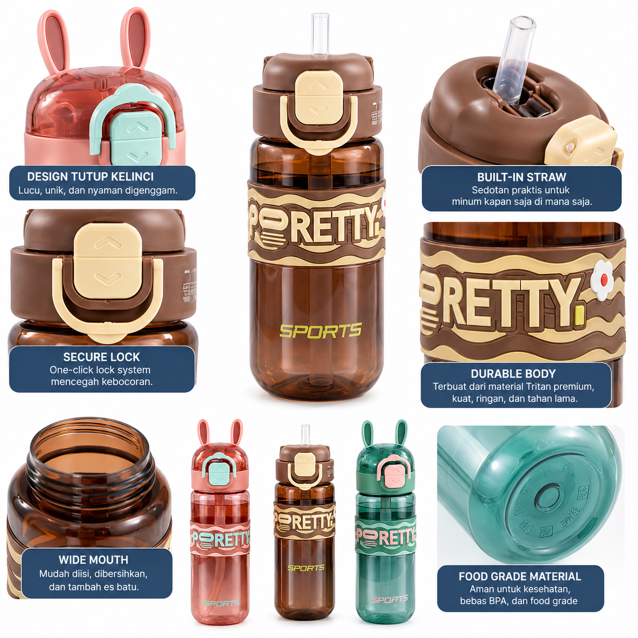 Botol Minum Anak Tritan 750 ml XBD 6189 – Sedotan, Lock System, Food Grade | KML Distributor - Gambar 2