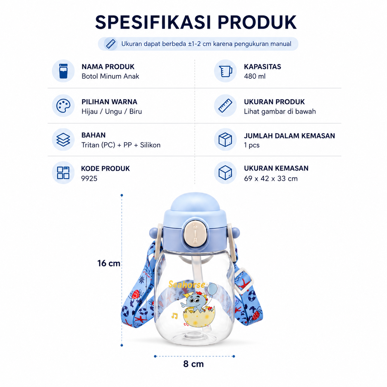 Kids Water Bottle Premium 570ML – Strap Portable & BPA Free - Gambar 3