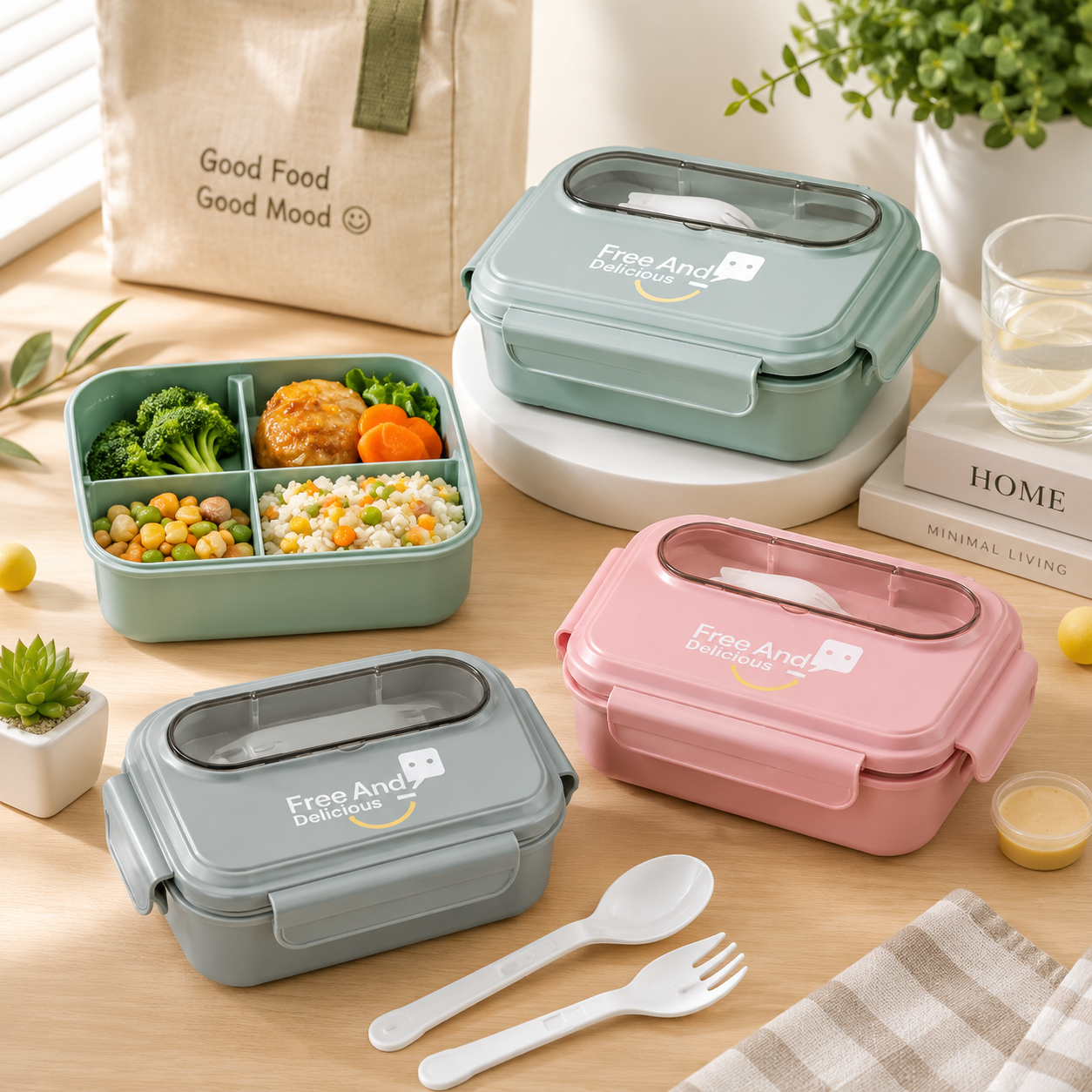 Lunch Box Sekat Premium 1000ML KX-6134 – Bekal Praktis dengan Sendok & Garpu - Gambar 2