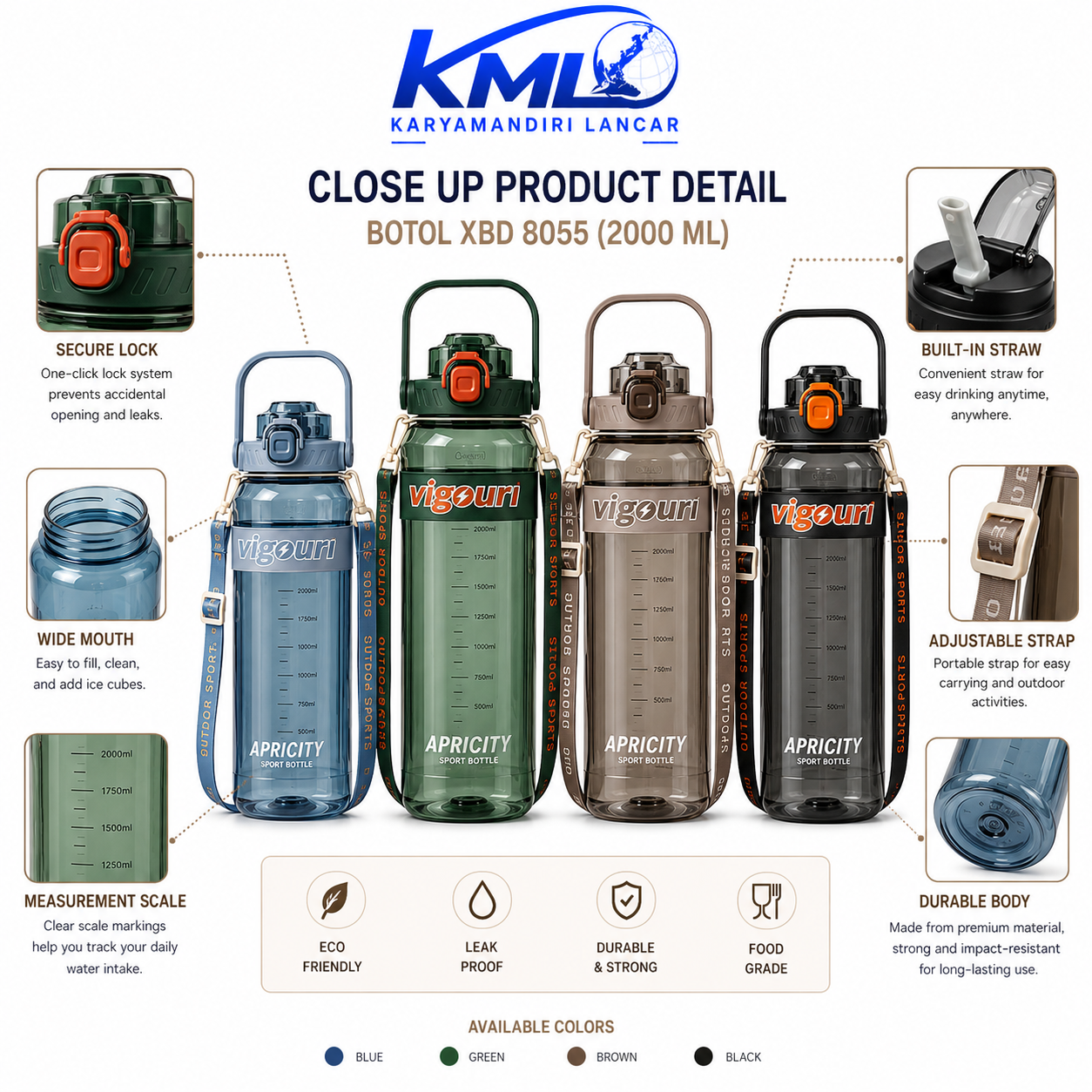 Botol Minum Sport XBD 8055 2000ml dengan Sedotan & Handle – Food Grade Leak Proof - Gambar 2