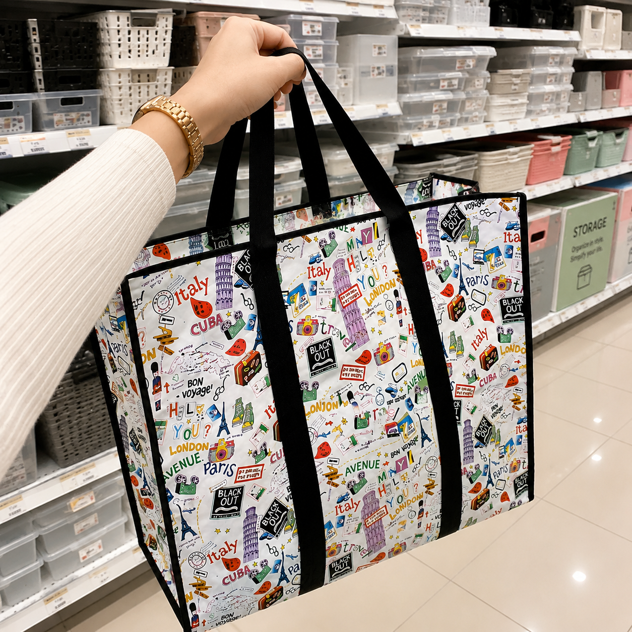 Tas Karung Belanja Jumbo Motif Travel 70x70x30 cm – Tas Serbaguna Lipat Kapasitas Besar - Gambar 2