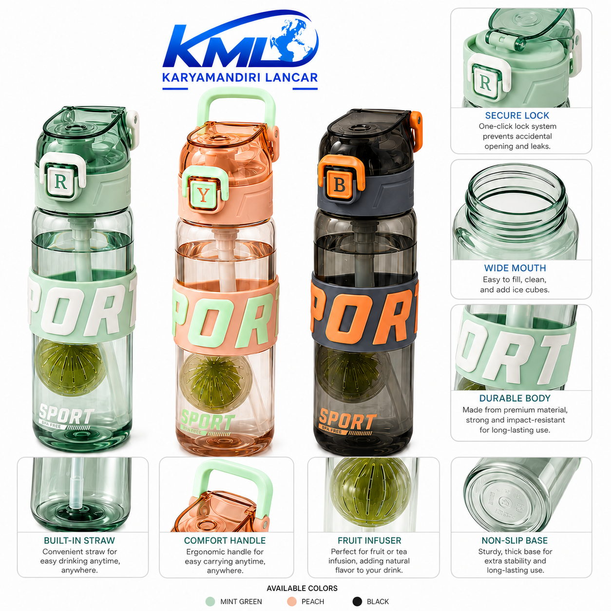 Botol Minum Sport YQ 2333 530ml dengan Sedotan & Secure Lock – Food Grade Leak Proof - Gambar 2