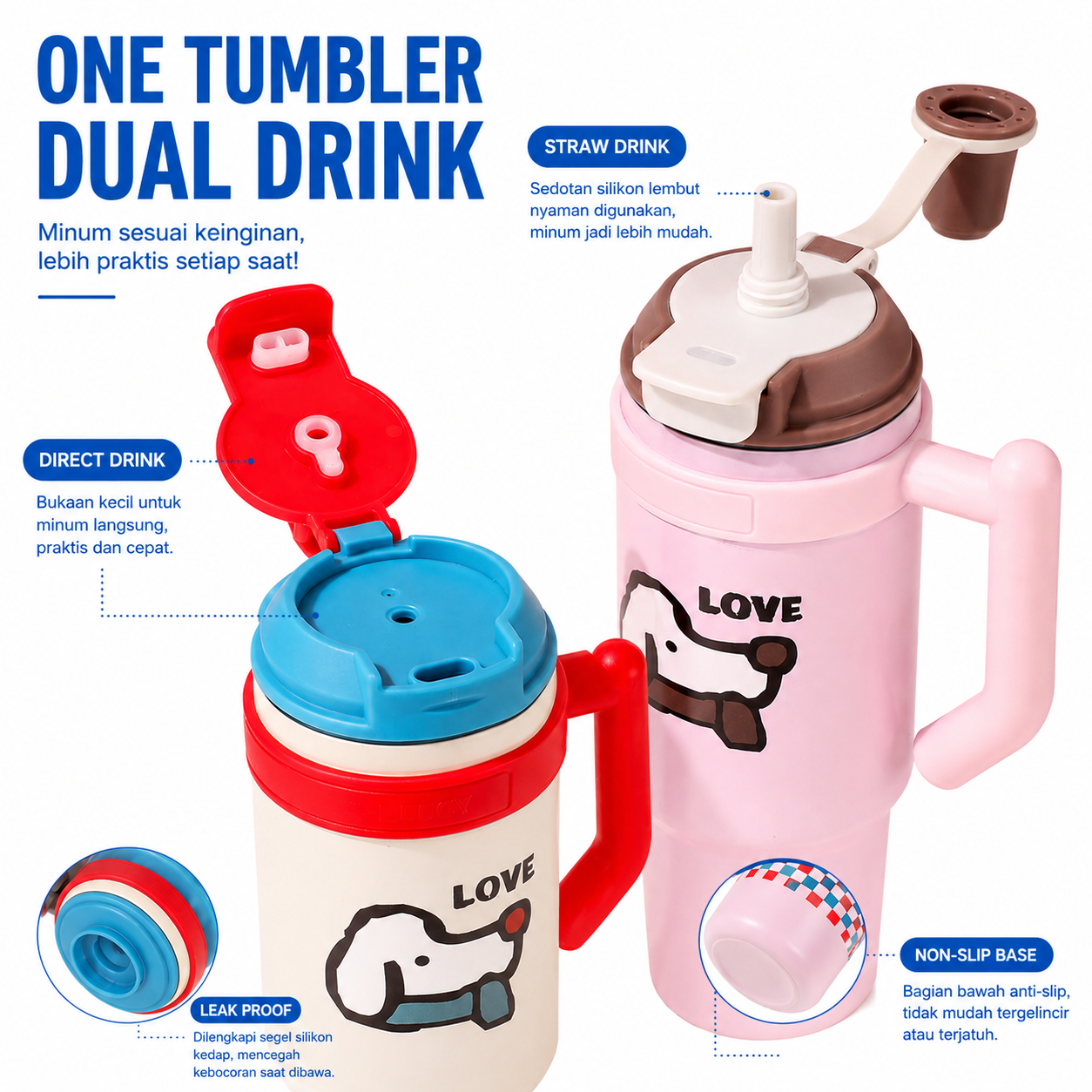 Tumbler Stainless Premium 1000ML KML-798 – Handle Series dengan Sedotan - Gambar 2
