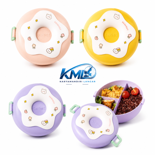 Lunch Box Bulat Premium 1000ML 3 Sekat dengan Sendok & Garpu