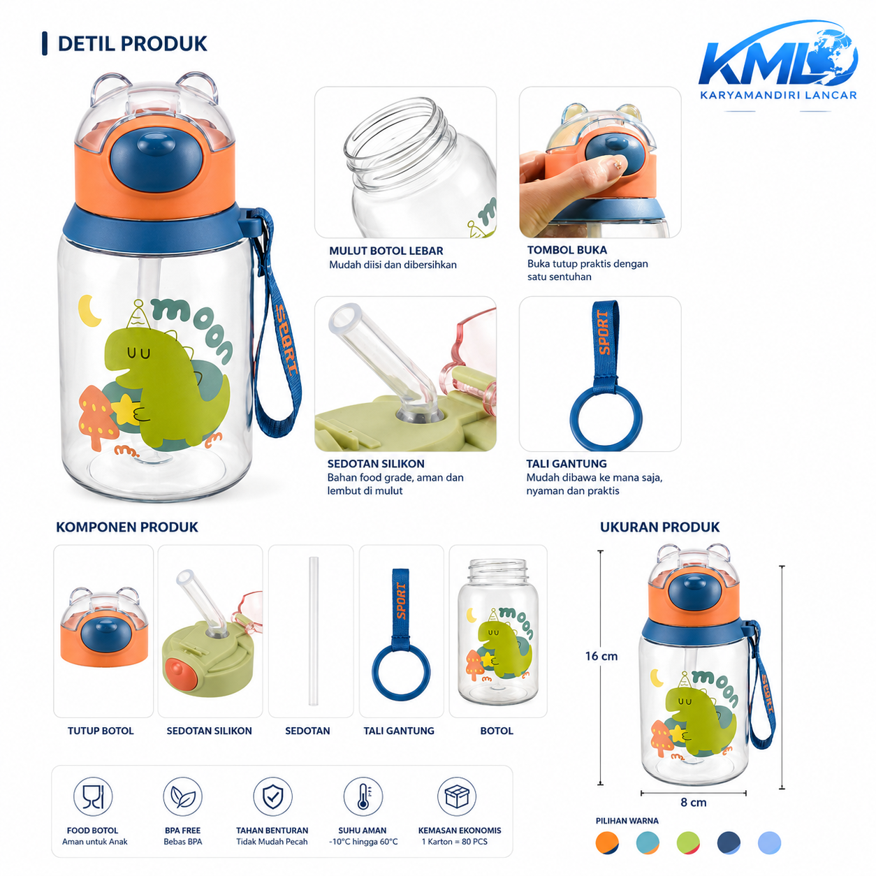 Kids Water Bottle Premium 570ML – Strap Portable & BPA Free - Gambar 4