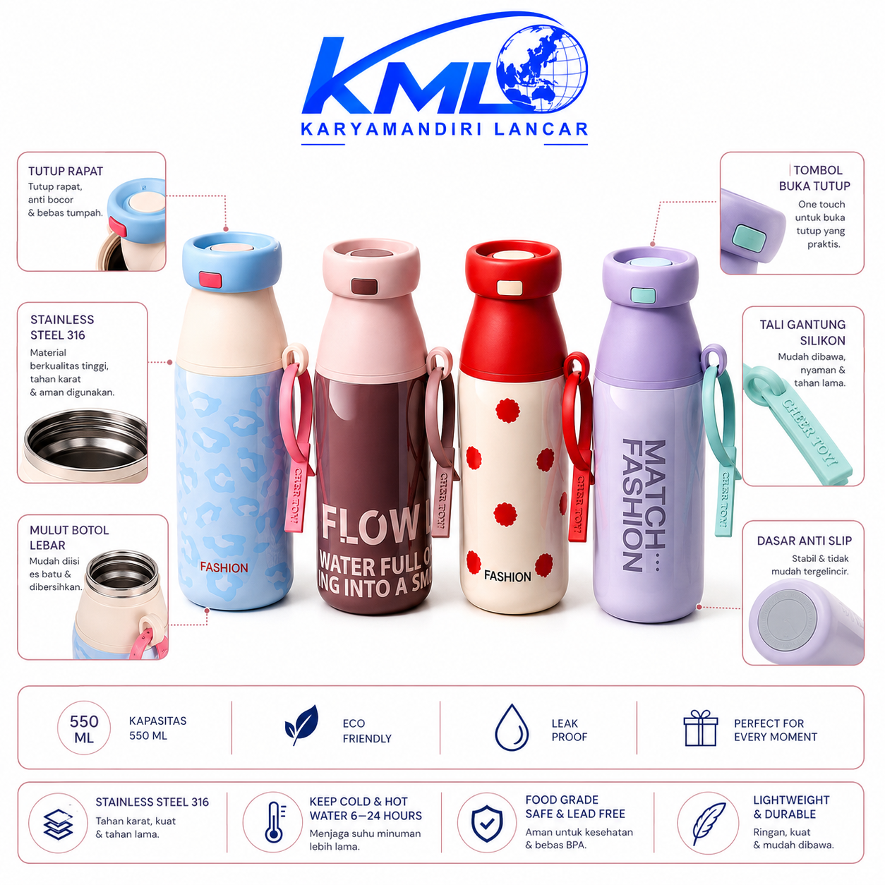 Tumbler Stainless Steel 316 KML-740 550ml Vacuum Insulated - Gambar 2