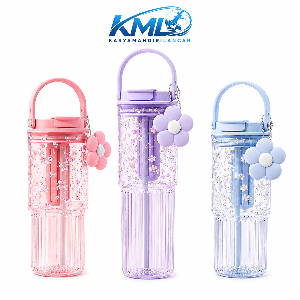 Botol Minum WT-526 860 ml dengan Handle & Charm Bunga | KML Distributor