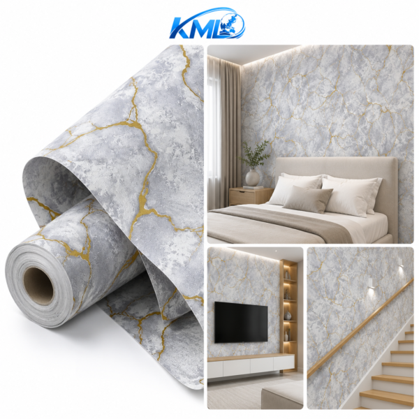 Wallpaper Dinding PVC Premium Motif Marble Abu Gold WPP 6843-4 45 cm x 3,5 m | KML Distributor