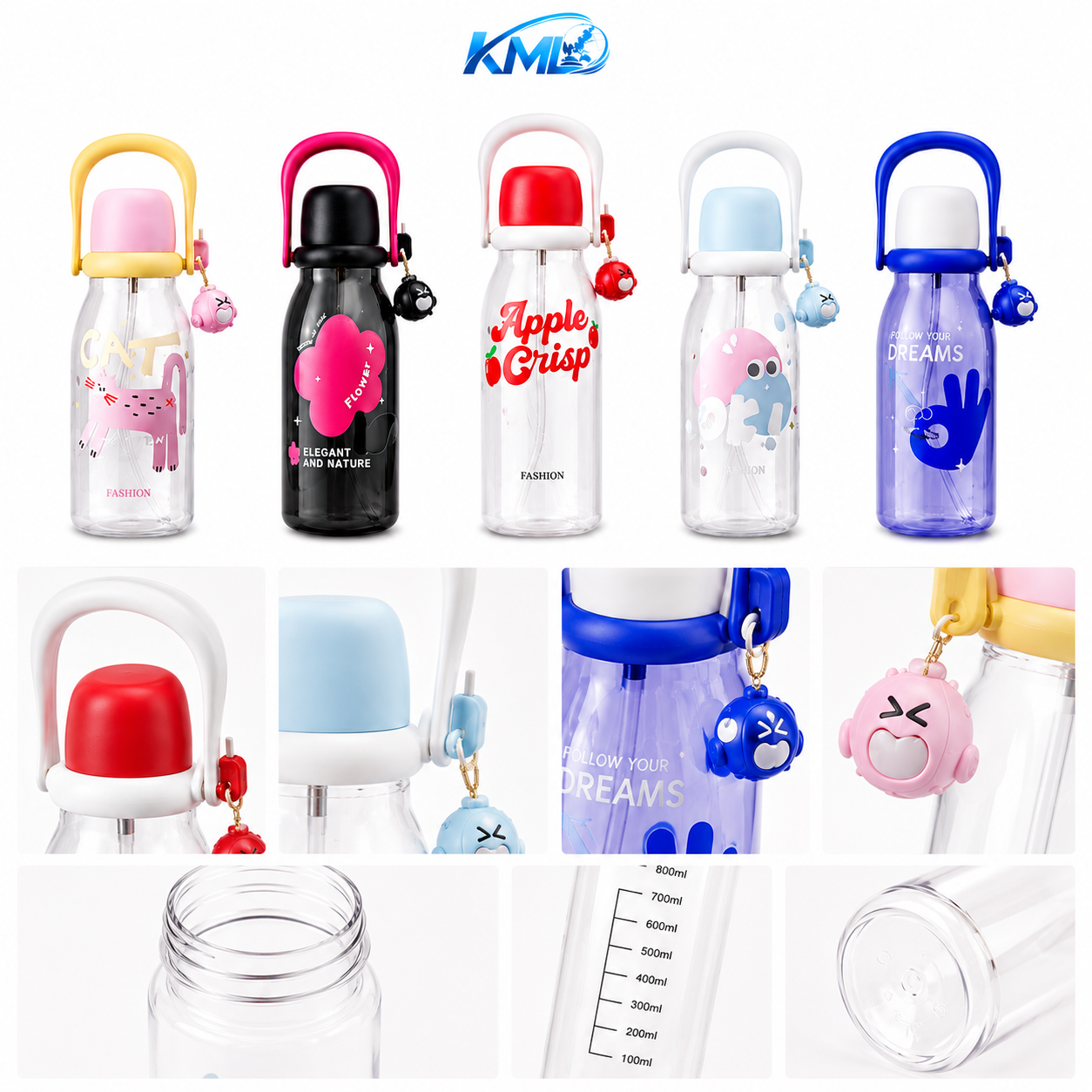 KML Botol Minum Anak 800ML PET Cute Karakter Leakproof BPA Free Handle Portable DK-7335 - Gambar 2