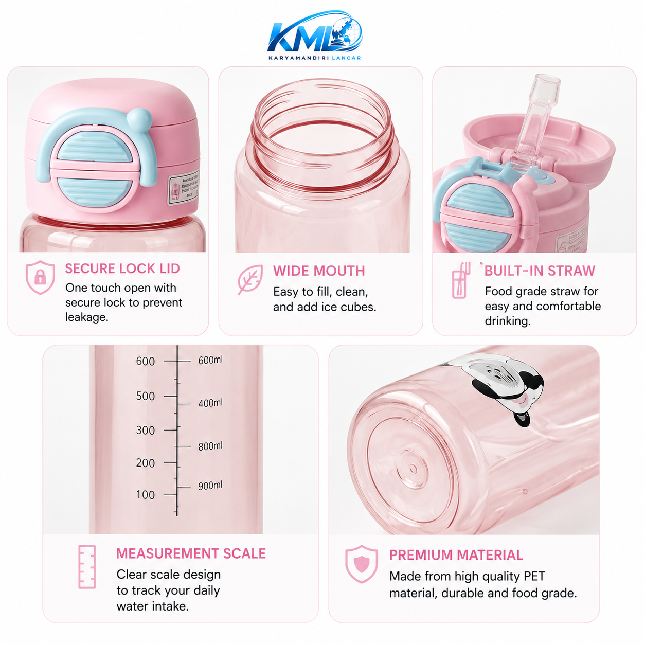 KML Botol Minum 600ML PET Premium Sedotan Motif Cute Leakproof DK-7280 - Gambar 2