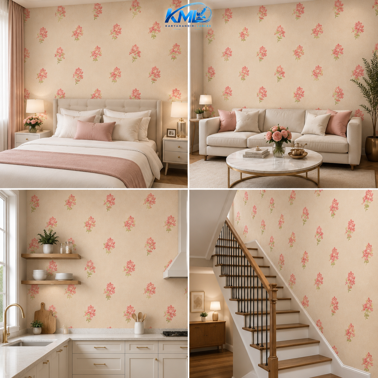 KML Wallpaper Dinding PVC Premium WPP 8016 Motif Bunga Floral Pink Cream 3,5m x 45cm | Wallpaper Sticker Interior - Gambar 2