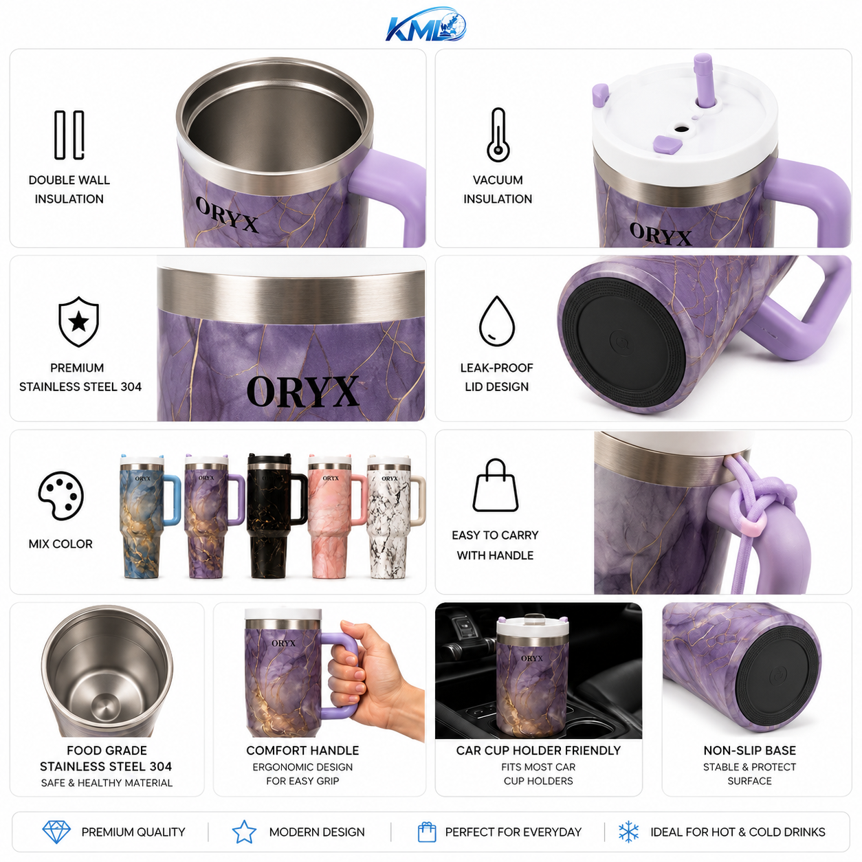 KML Termos Tumbler Stainless Steel 304 1200ML Vacuum Insulated Panas Dingin Leakproof Handle KML-838 - Gambar 2