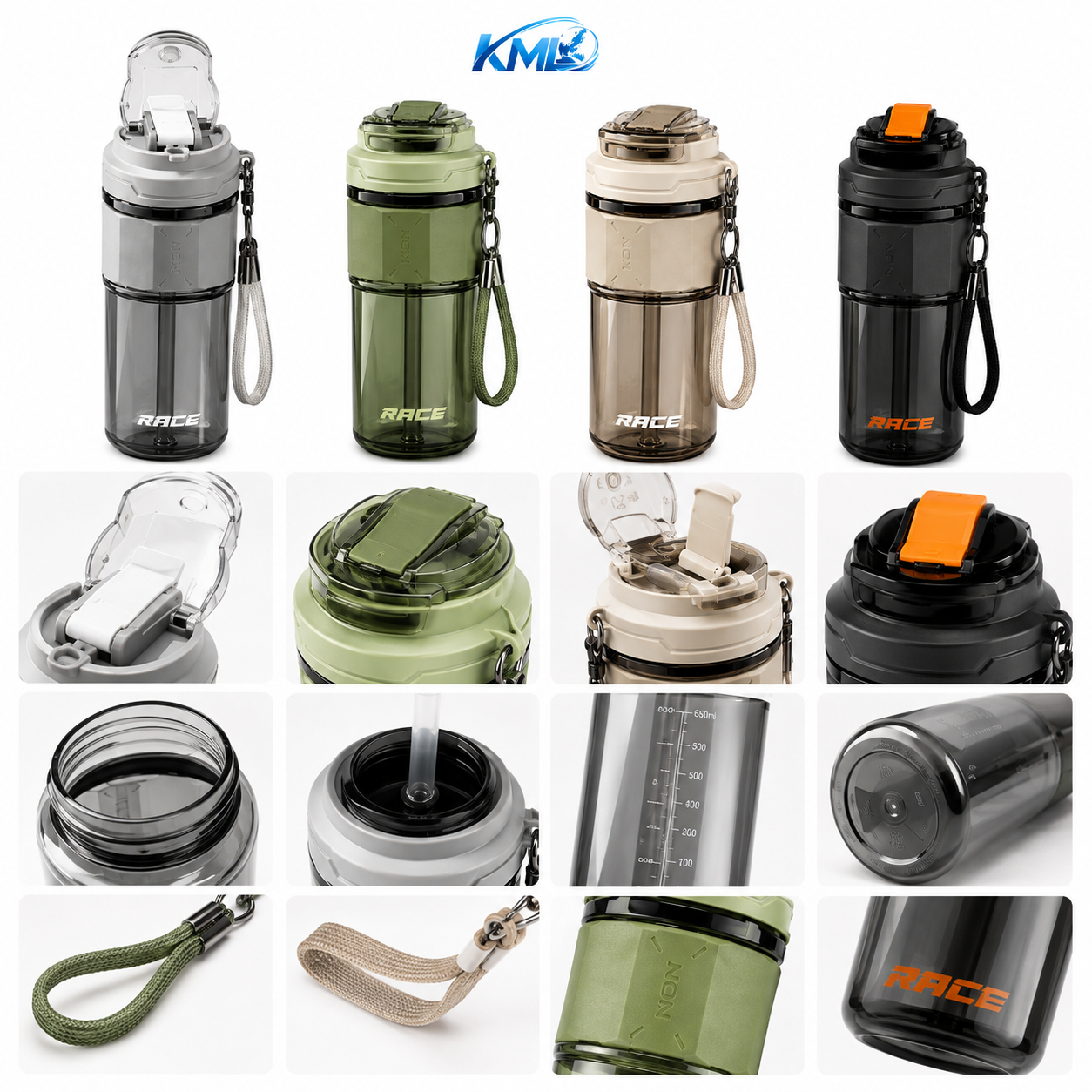 KML Botol Minum Sport 650ML PET Premium Sedotan Leakproof Portable Strap DK-7332 - Gambar 2
