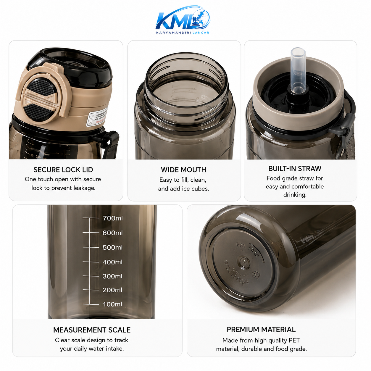 KML Botol Minum Sport 850ML PET Premium Sedotan Leakproof DK-7260 - Gambar 2