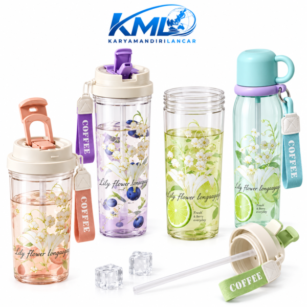 Botol Minum WT-029 580 ml dengan Sedotan & Tali | KML Distributor
