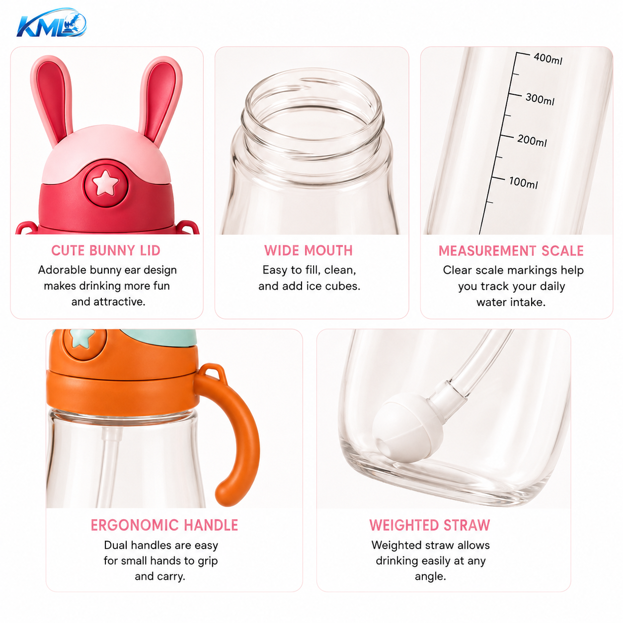 KML Botol Minum Anak 400ML PET Premium Bunny Sedotan Handle DK-802 - Gambar 2
