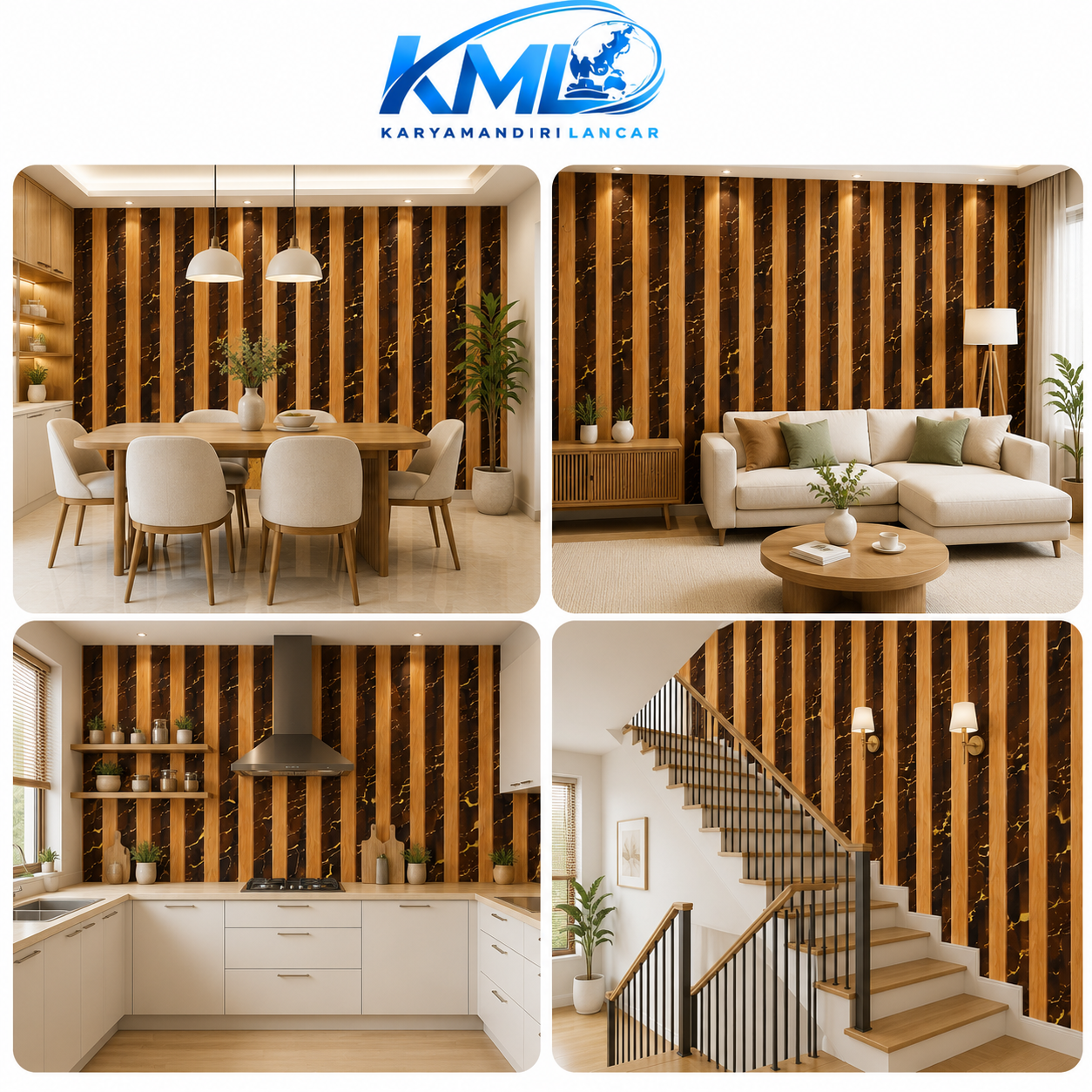 Wallpaper KML WPP 6860-4 memiliki kombinasi motif panel kayu natural dengan marmer hitam aksen gold, cocok untuk menciptakan interior modern, elegan, dan mewah. - Gambar 2