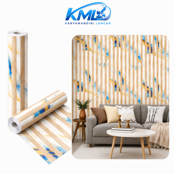 KML Wallpaper Dinding PVC Premium WPP 6884-3 Motif Kayu Marble Biru Gold 3,5m x 45cm | Wallpaper Sticker Interior