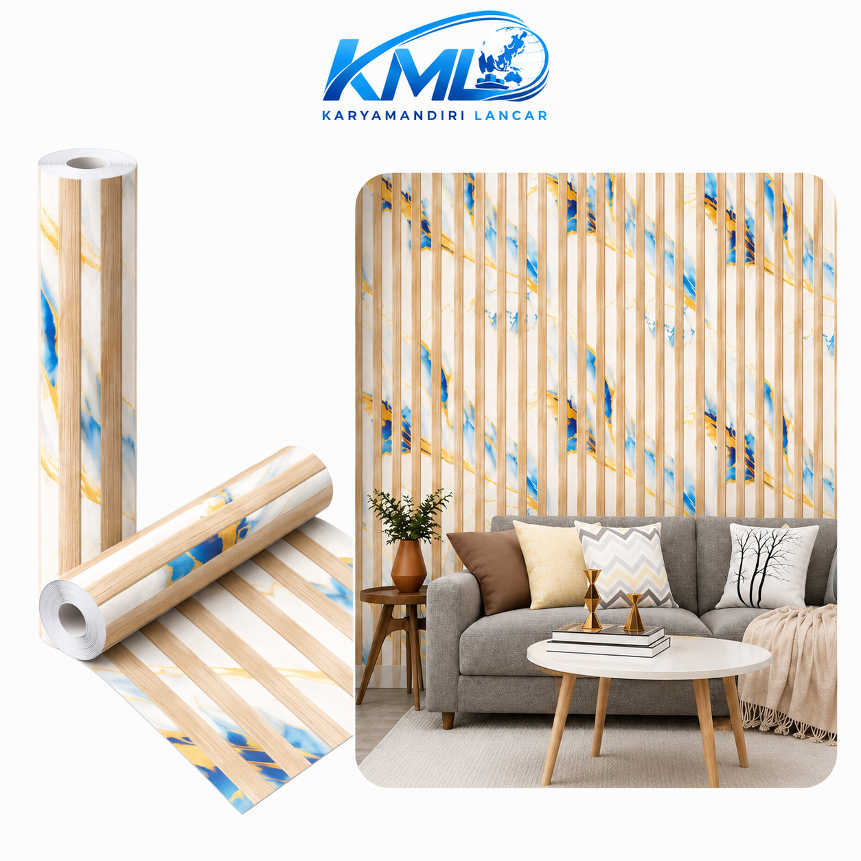 KML Wallpaper Dinding PVC Premium WPP 6884-3 Motif Kayu Marble Biru Gold 3,5m x 45cm | Wallpaper Sticker Interior