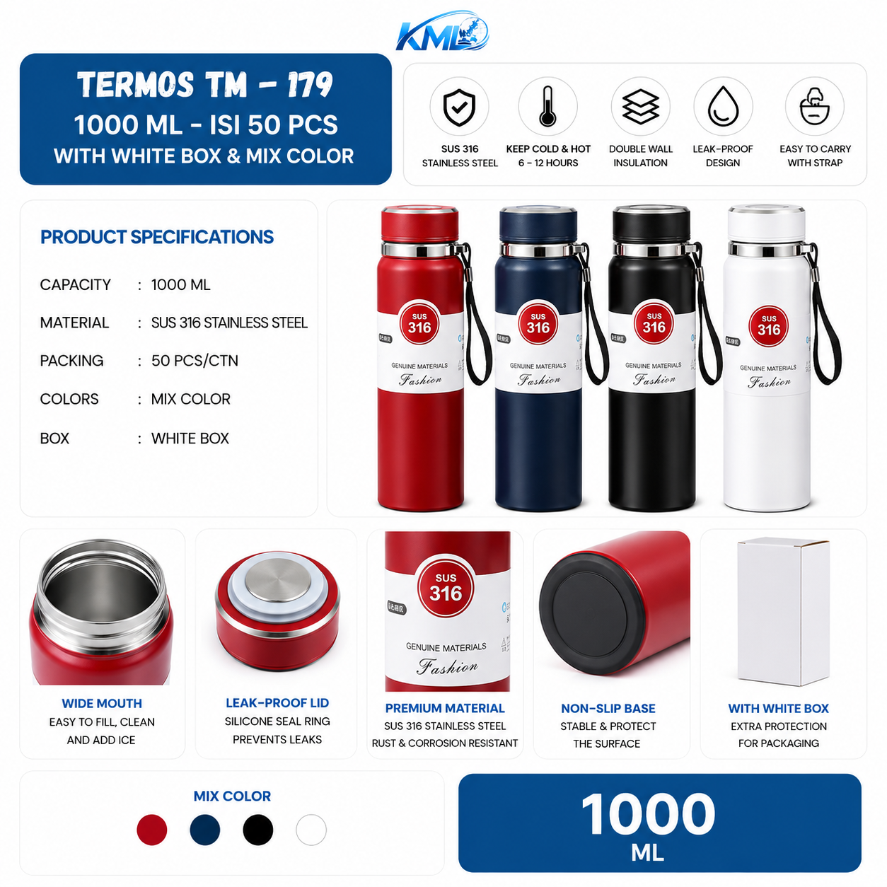 KML Termos Tumbler Stainless Steel 316 1000ML Vacuum Panas Dingin Botol Minum 1 Liter TM-179 - Gambar 2