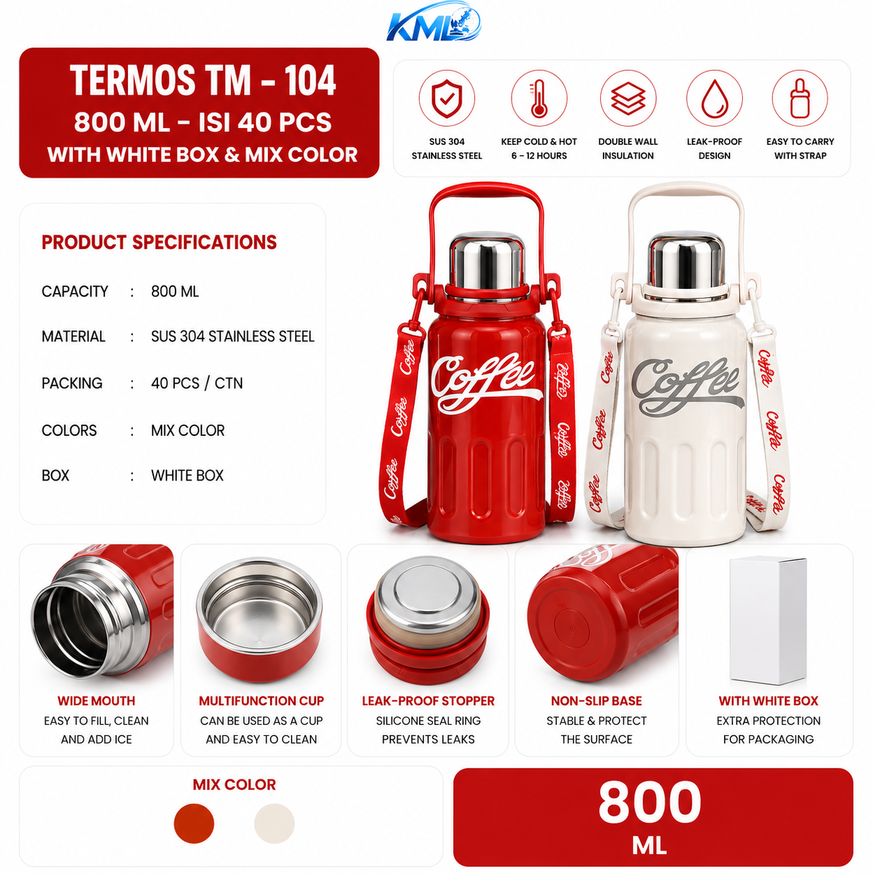 KML Termos Stainless Steel 800ML Botol Minum Panas Dingin Handle & Tali Portable TM-104 - Gambar 2