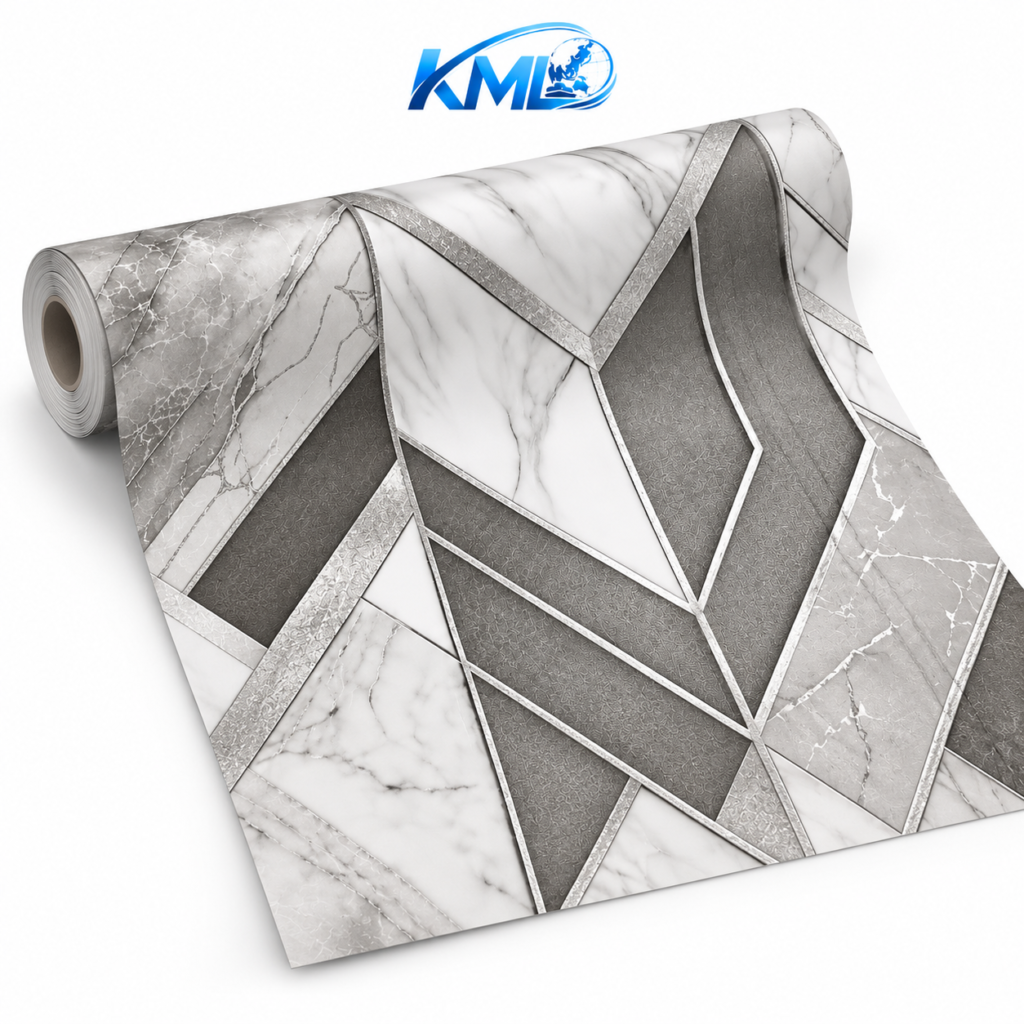 KML Wallpaper Dinding PVC Premium Motif Geometris Marble Abu-Abu Silver 7m x 45cm – WPP 8714-4