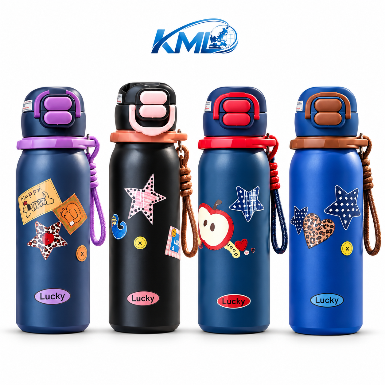 Termos Botol Minum KML 342 560 ML Stainless Steel 316 Tahan Panas Dingin Motif Lucky dengan Tali Gantung – Mix Color