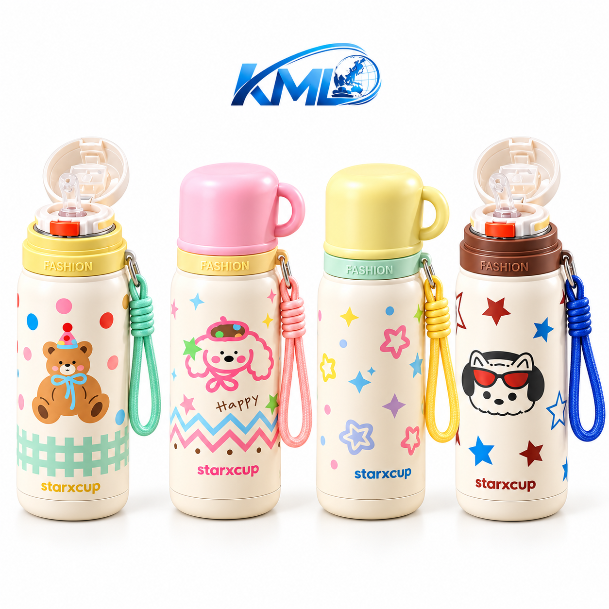 Termos Botol Minum Anak KML 350 520 ML Stainless Steel 316 Tahan Panas Dingin 6–24 Jam Motif Karakter Lucu dengan Sedotan & Tali
