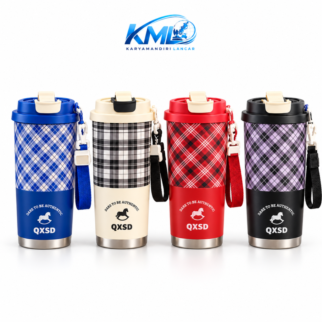 Termos Botol Minum KML 352 500 ML Stainless Steel 316 Motif Kotak Premium Tahan Panas Dingin 6–24 Jam dengan Tali Gantung