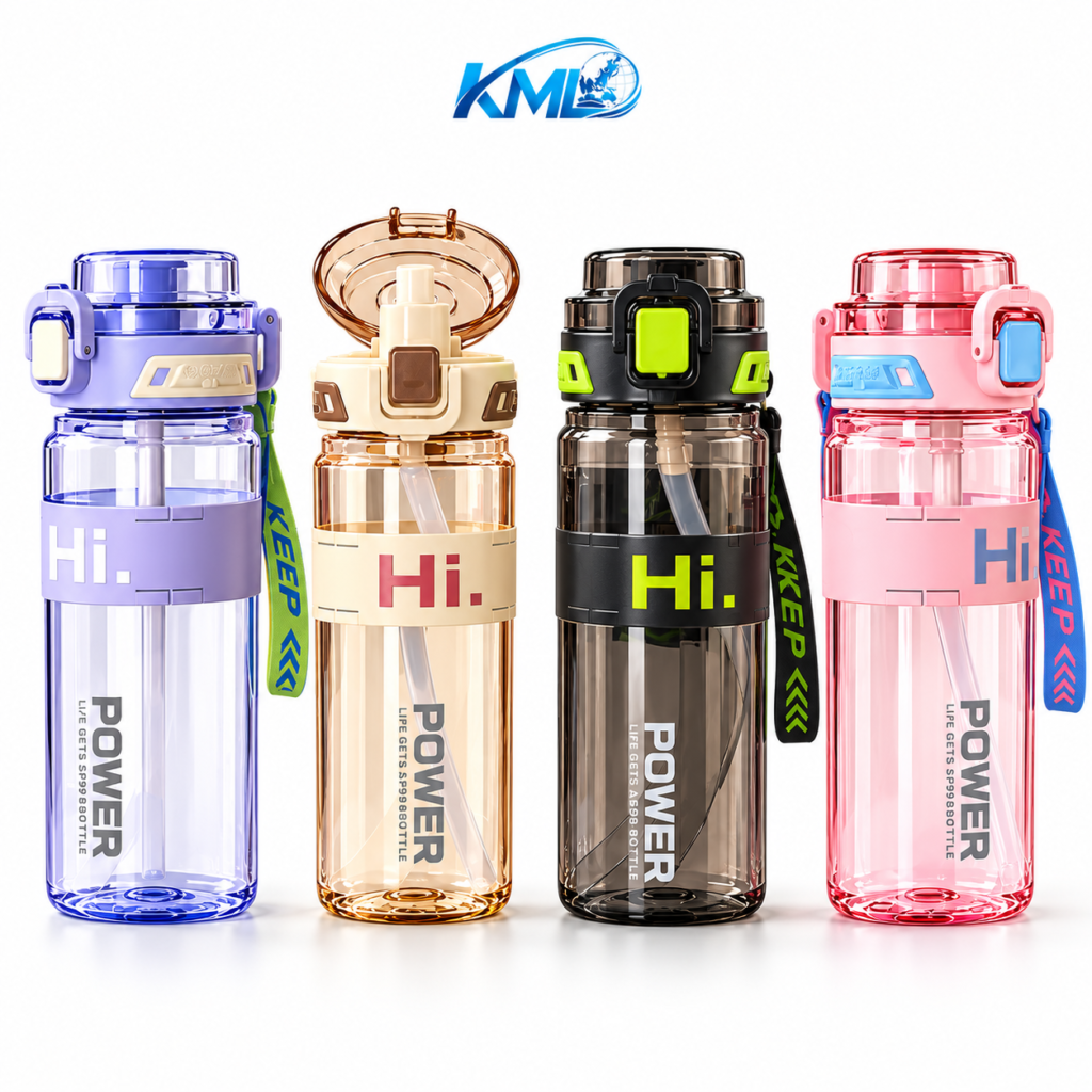 KML Botol Minum Plastik NK 7418 800 ML dengan Sedotan, One Push Open, Safety Lock dan Tali Gantung – Grosir