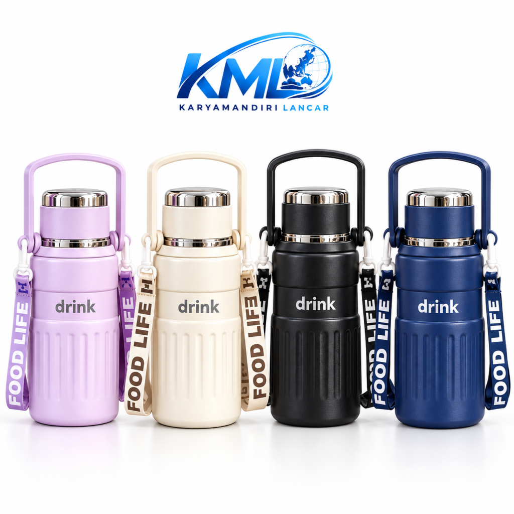 Termos Botol Minum KML 346 750 ML Stainless Steel 316 Tahan Panas Dingin 6–24 Jam dengan Handle & Tali Selempang – Mix Color